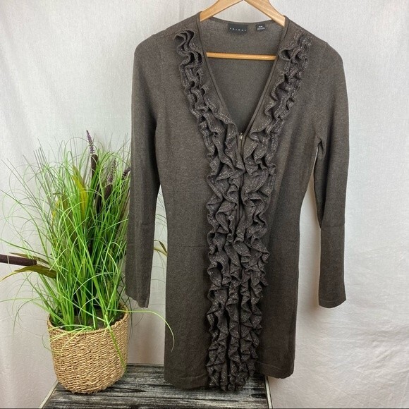 Tribal Brown ruffle Front Long Zip Up Sleeve Duster Cardigan Sweater M - Picture 2 of 7